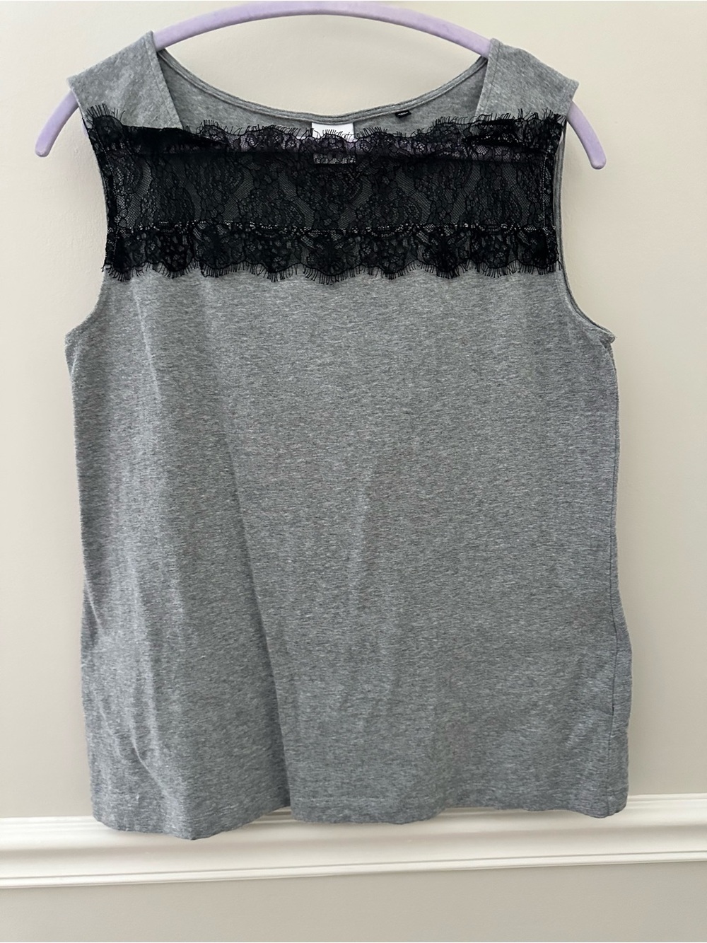 CAbi Gray Sleeveless Top with Black Lace Yoke Medium Med M